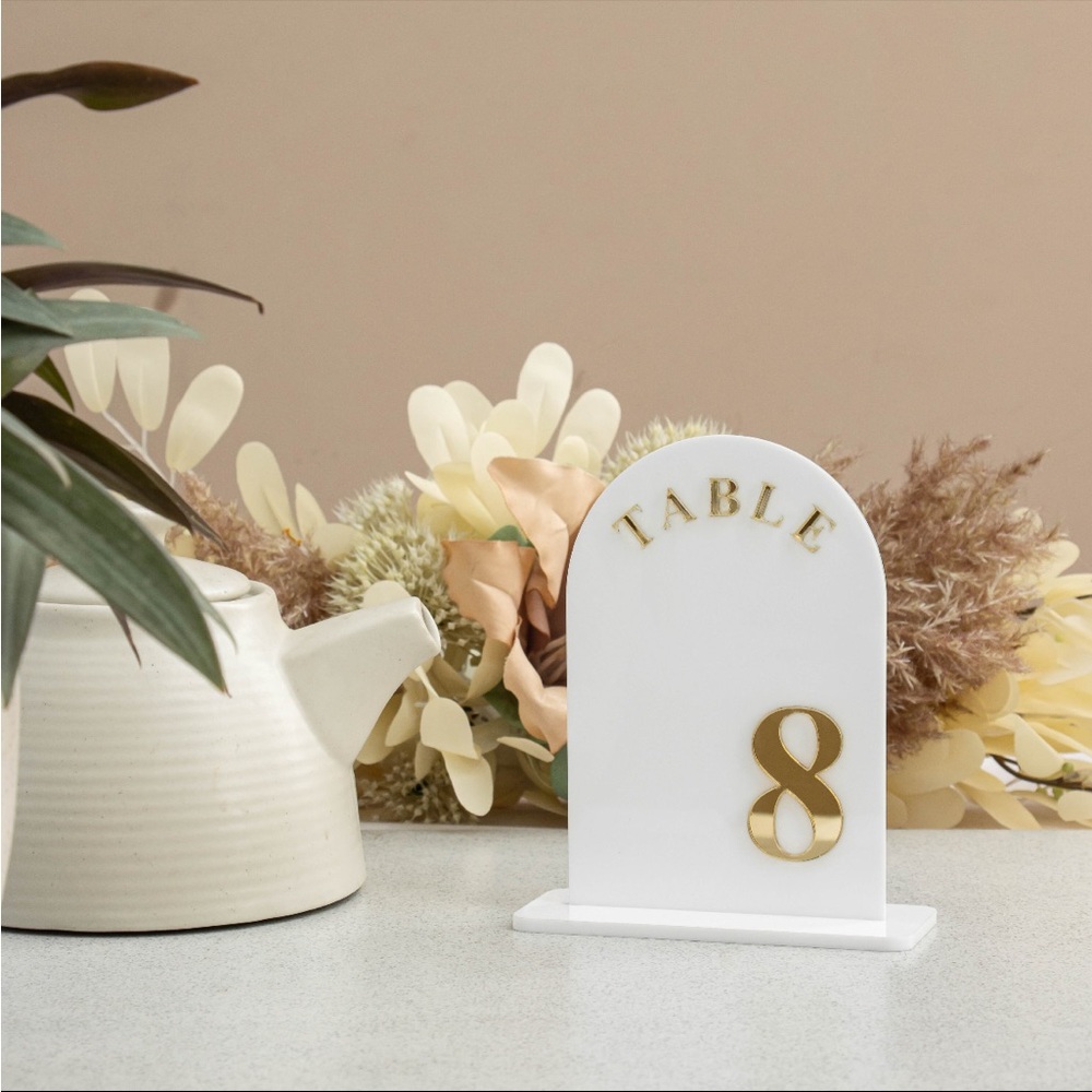 Elegant acrylic arched White and Gold Table Numbers and Stands 1-16